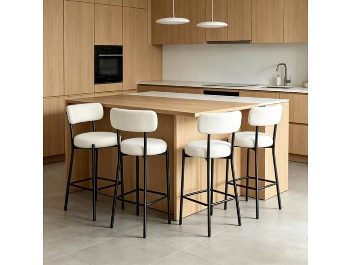 Chleby Lot de 4 Tabourets de Bar Blanc crème Scandinave Chaise Haute Ilot Cuisine Tissu Teddy Cadre Métal Repose‑Pied H 95 cm