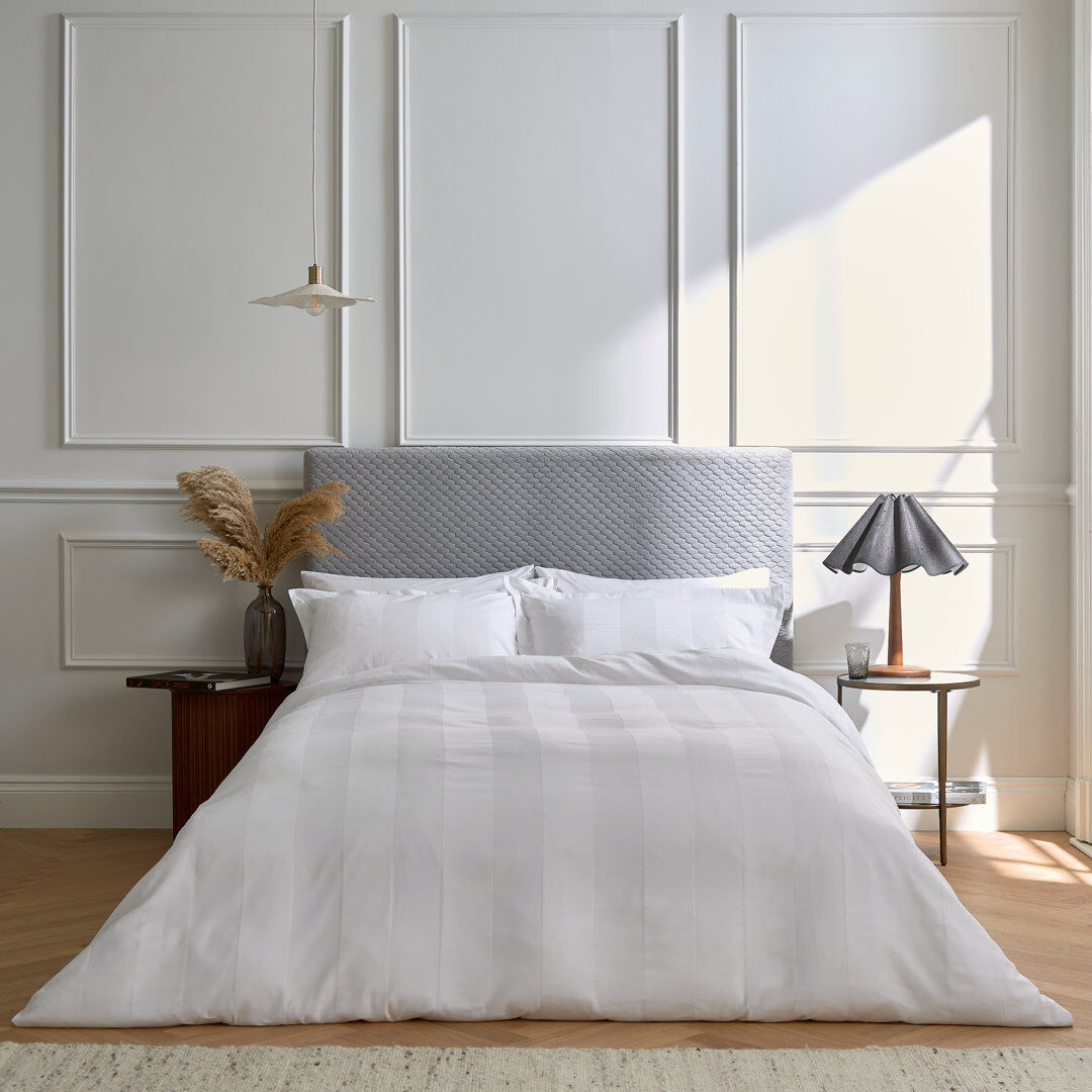 Bedeck of Belfast Serra Dobby Stripe Sateen 200 TC Duvet Cover Set White King Size Duvet Cover + 2 Pillowcases