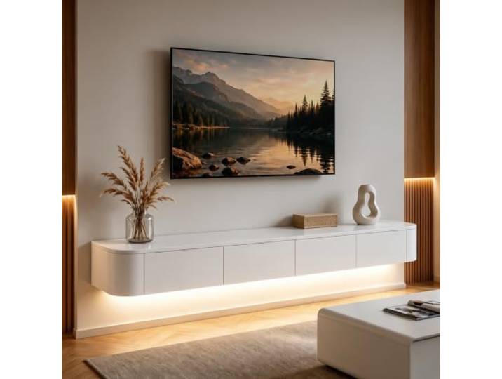Ribanedy Modernes Schwebendes TV-Regal mit LED-Beleuchtung Wandmontierte Unterhaltungsmedien-Konsole Großes Aufbewahrungs-TV-Bank für Wohnzimmer & Büro (Weiß, 120cm)