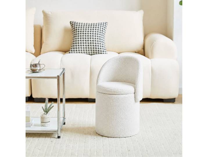 Pouf avec dossier et rangement en bouclettes blanches