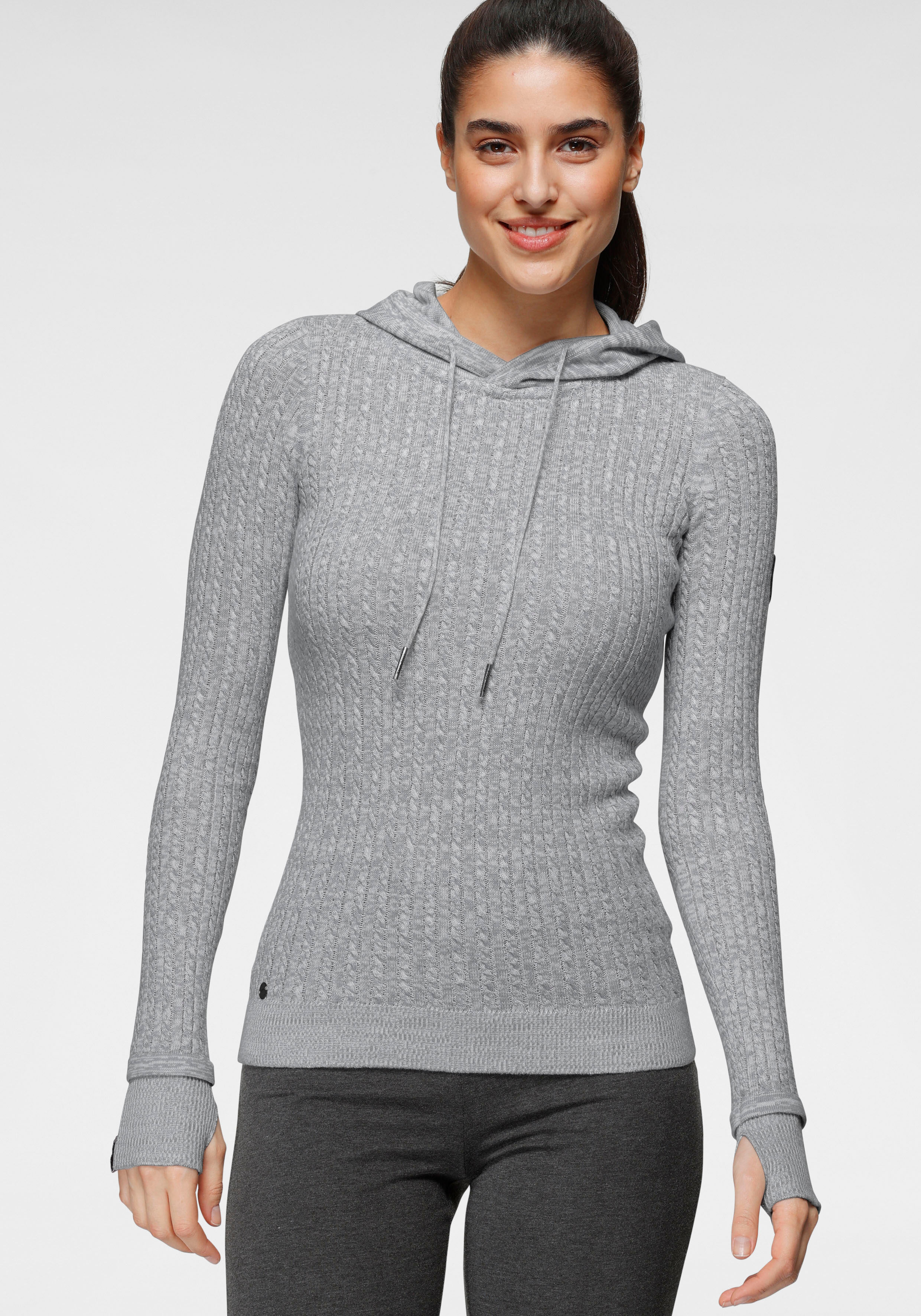 Kapuzenpullover KANGAROOS, Damen, Gr. 52/54, grau (grau, wollweiß, melange), Rippstrick, Obermaterial: 50% Baumwolle, 50% Polyacryl, Zopfmuster, meliert, figurbetont hüftbedeckend, Rippbündchen mit Daumenlöchern, Pullover Kapuzenpullover, im feinen Zopf-S