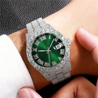 Fashion Sheath Iced Out Hip Hop Watch For Men Oversized Rhinestone Quartz Timepiece With Stainless Steel Band silver Green