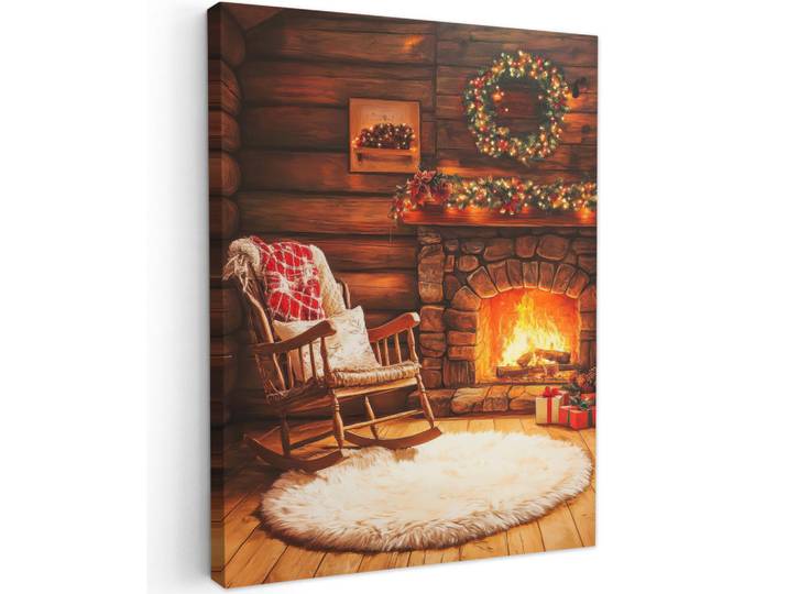 MuchoWow Leinwandbild - Winter - Weihnachten - Zuhause - Kamin - 60x80 - Gemälde, Bernsteinfarben, Textil, Kiefer, Abstrakt, Rechteckig, 60x80 cm, gerahmt, Bilder & Rahmen, Bilder, Wandbilder