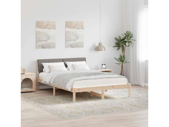 RJPLMFV Bettgestell, 135 x 190 cm, massives Kiefernholz, Braun, Taupe Kopfteil aus Polyester, Design mit festen Latten, moderner Stil, pflegeleicht