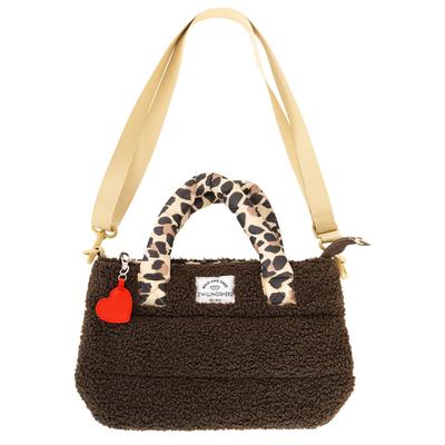 Tragetasche ZWILLINGSHERZ "Teddy Leo Classic", Damen, Gr. B/H/T: 29cm x 20cm, braun, Polyester, Taschen, Teddy-Material, Leo Henkel, Herzanhänger, Schulterriemen
