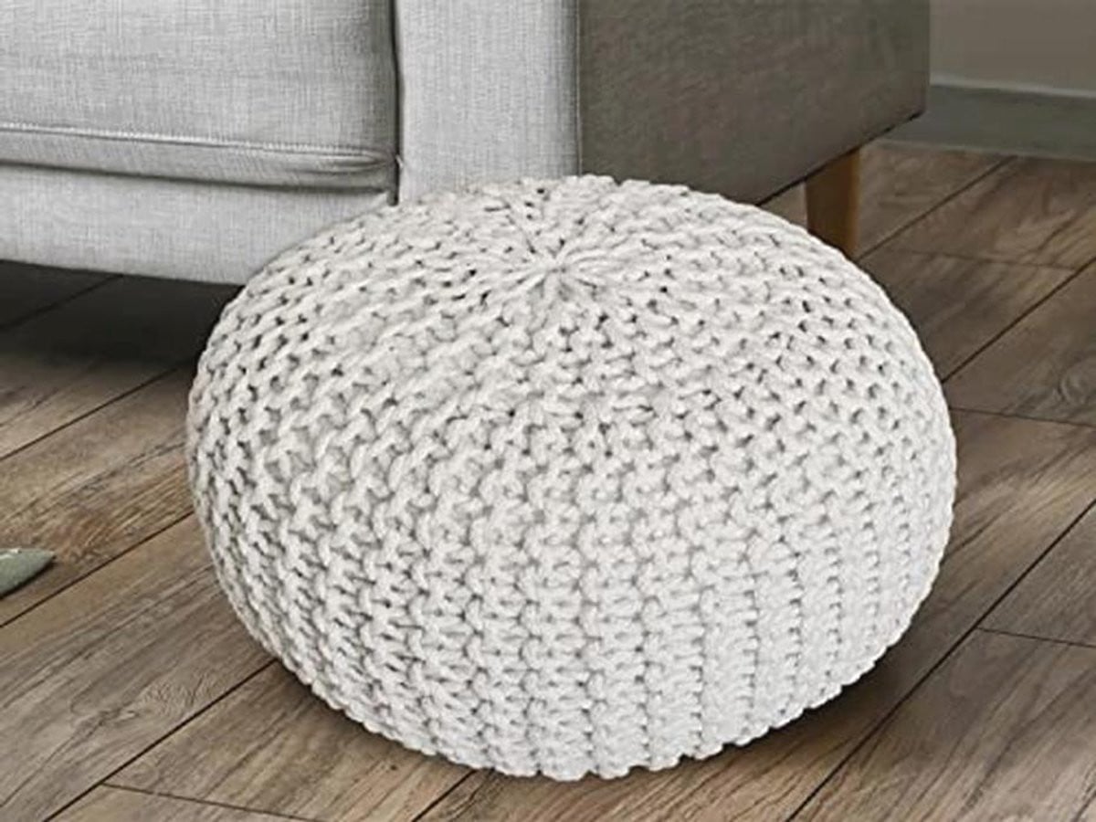 Grof Gebreide Poef Wit - Multi-functionele Zitpoef - Diameter: 55 cm, Hoogte: 37 cm