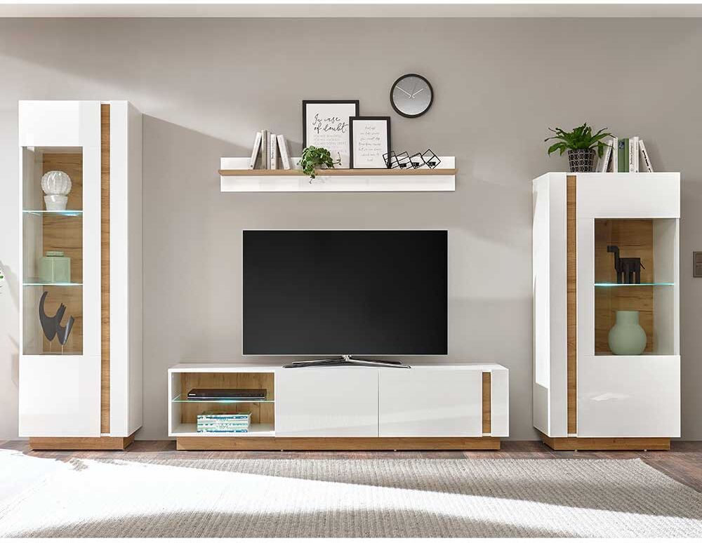 Pharao24.de Wohnzimmerschrankwand in Weiß und Wildeiche Optik Skandi Design (vierteilig)