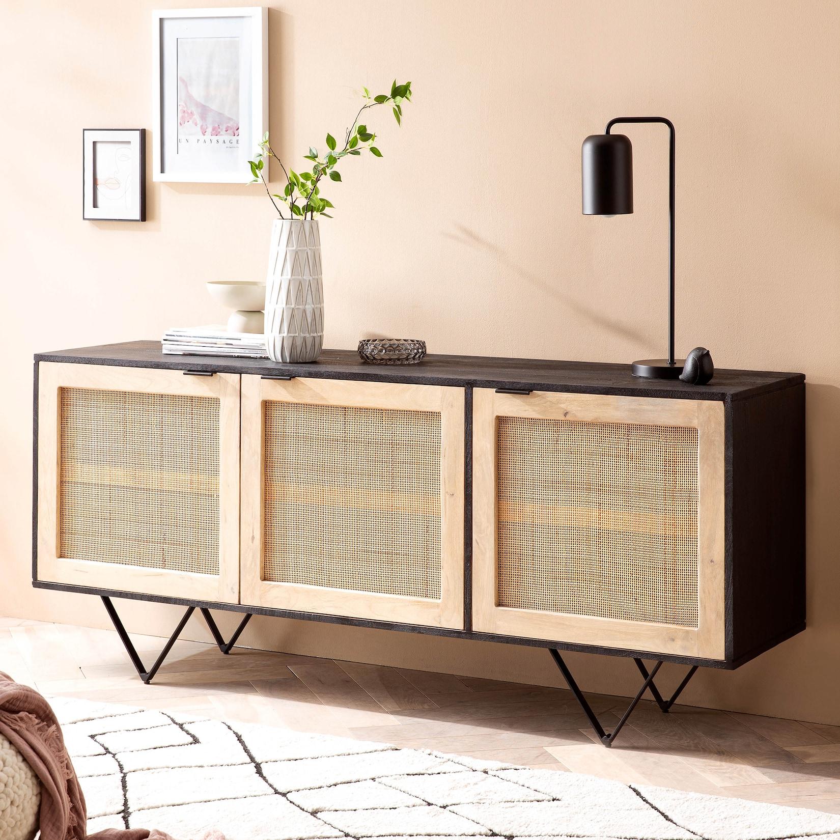 Massivholz Sideboard 175cm Mango Design Kommode mit 3 Rattan Wiener Geflecht Türen Schwarz