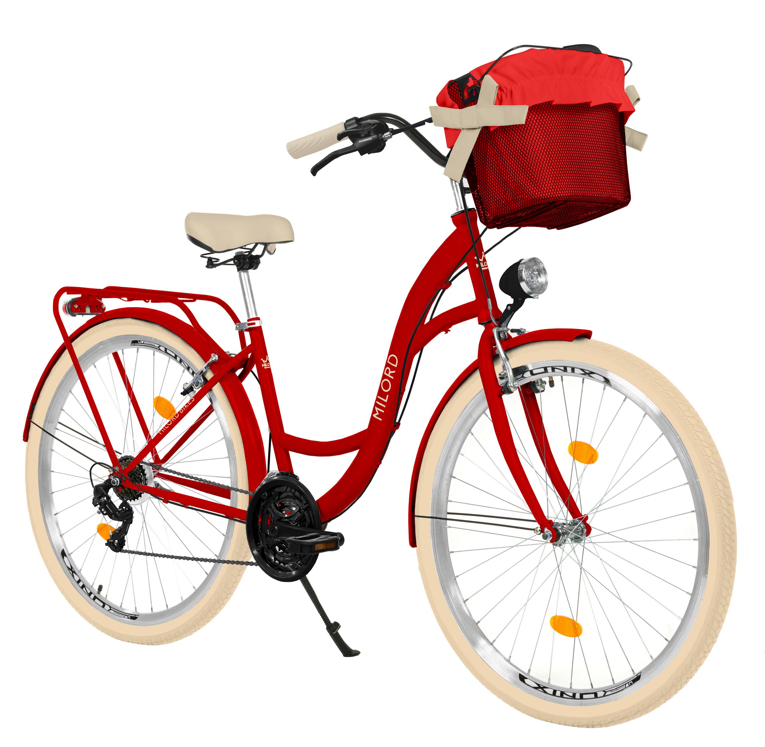 MILORD Damenfahrrad Citybike Komfort Mit Metallkorb Hollandrad Fahrrad, 26 Zoll, 21-Gang, Rot