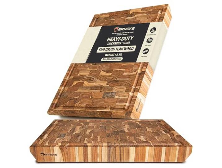 Erreke Schneidebrett aus Teakholz End Grain, 50x35x5 cm, Groß und Dick Schneidebrett Holz. als Metzgerblock mit Saftrille. Rutschfeste Füße und abgeschrägte Griffe. Holz-Schneidebrett Küche