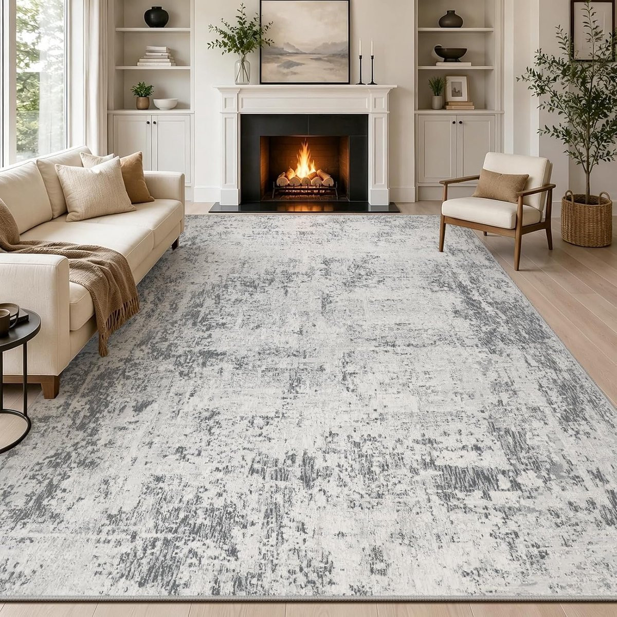 Modern abstract vloertapijt met antislip en faux wol, grijs