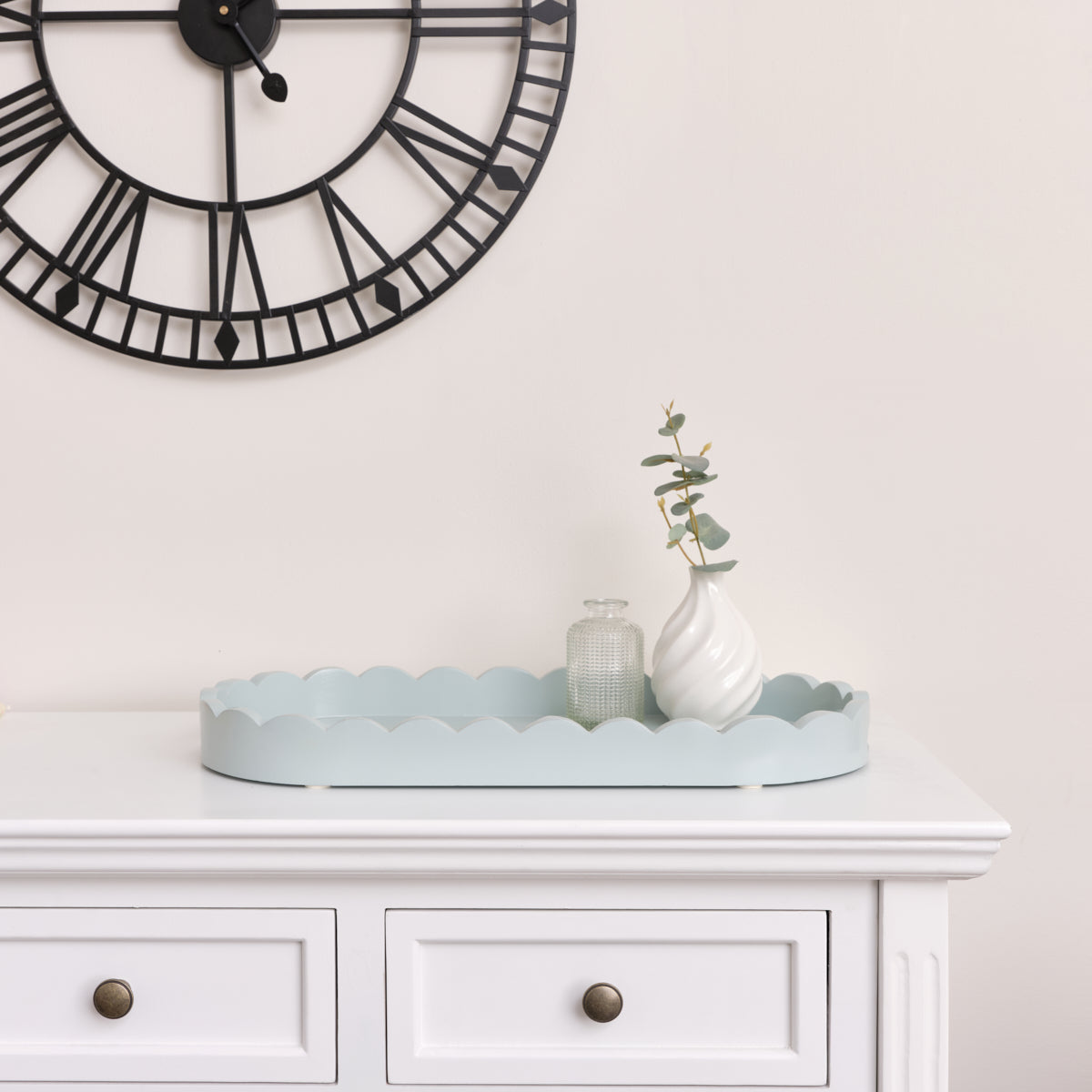 Pale Blue Oblong Scalloped Tray - 50cm Wood