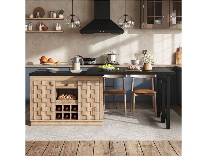 VUENOR îlot central de cuisine 120-197 x 40 cm chêne clair et noir
