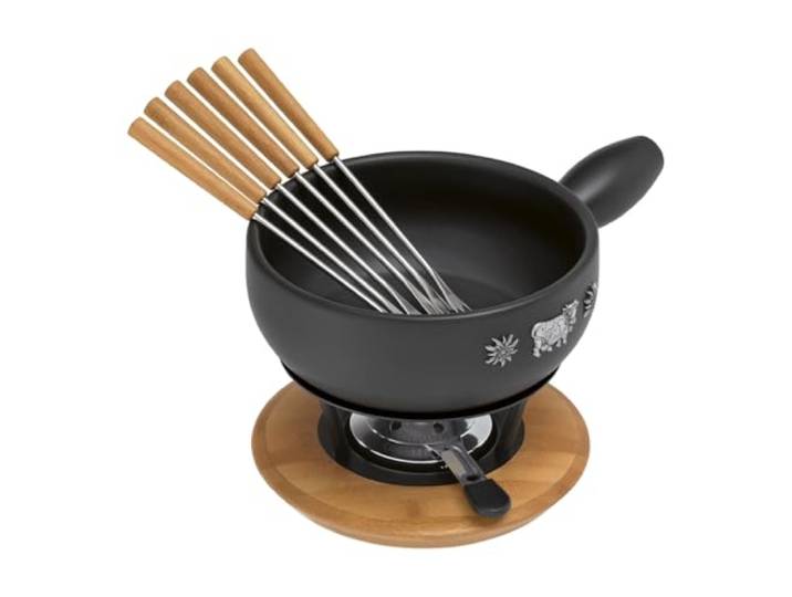 KUHN RIKON Käsefondue-Set aus weißem Ton, 23 cm, inklusive 6 Gabeln mit Bambusgriffen, geeignet für alle Herdarten (auch Induktion), perfekt für Partys, entworfen in der Schweiz