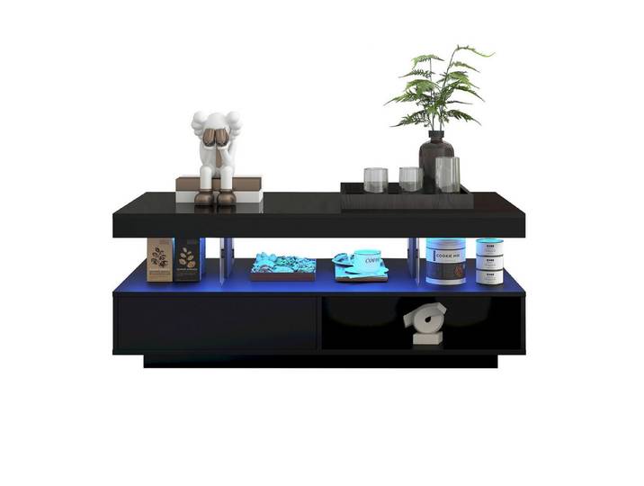 REDOM Couchtisch Kaffeetisch Beistelltisch Sofatisch Wohnzimmertisch (Beistelltisch mit 2 Schubladen, 1-St., mit LED-Beleuchtung und hochglänzender Tischplatte), Wohnzimmertisch mit Glastrennwände