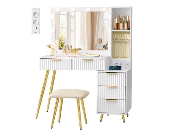 Coiffeuse avec miroir LED et tabouret 5 tiroirs Loupe 10x fourni Multiprise rangement à bijoux et compartiment ouvert blanc