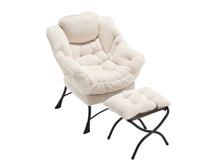 Redom Loungesessel mit Hocker, Seitentasche Stahlgestell 69,9/64/95 cm Weiß, 69.9x95x64 cm, Wohnzimmer, Sessel