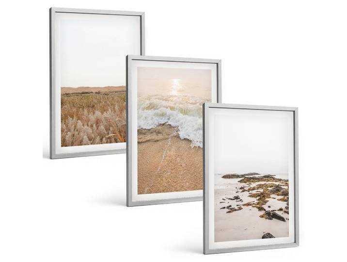 Tulup Bilder SET 3er Set - 40x60 cm Silberner Rahmen - Strandwellen, Steine, Sommer, Silberfarben, Kunststoff, Rechteckig, 40x60 cm, gerahmt, Bilder & Rahmen, Bilder