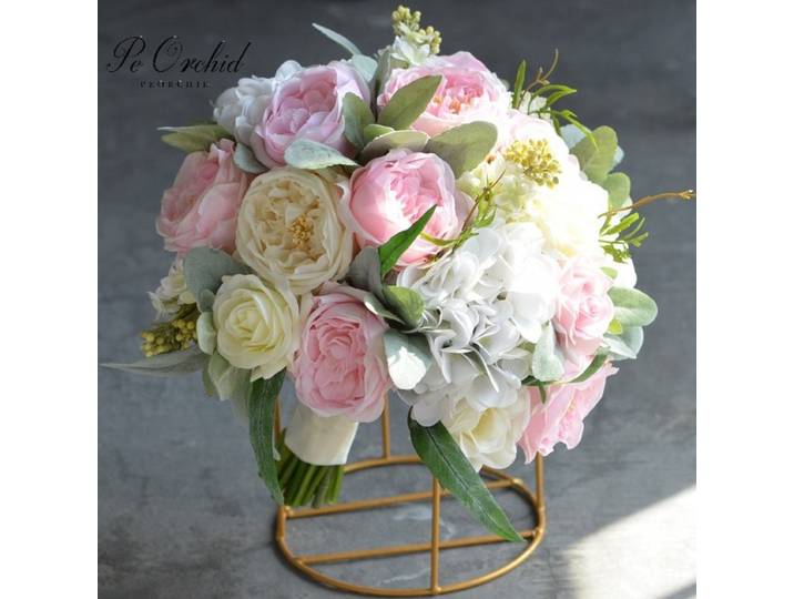 Peorchidée – fleurs artificielles au toucher réel, Bouquet de mariée rustique rose, fausses Roses en soie, hortensias blanches, Bouquet de mariage vert