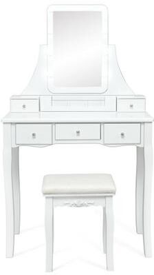 Costway 10 Dimmable Light Bulbs Vanity Dressing Table with 2 Dividers and Cushioned Stool-White