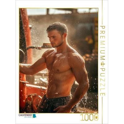 CALVENDO Puzzle Heißer Bauer beim Traktorwaschen | 1000 Teile Lege-Größe 64x48cm Foto-Puzzle für glückliche Stunden