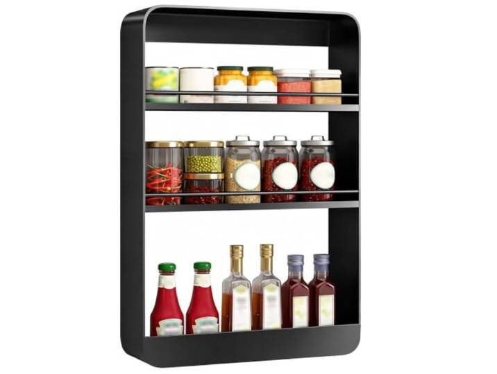 Hängeschrank Küche, Kohlenstoffstahl Wandschrank Hängend, 8cm Extradünn Badezimmerschrank Hängend, Abgerundete Ecken, Rostbeständig, Offenes Regaldesign, Geländerdesign(Black,40x8x60cm/16x3x24in)
