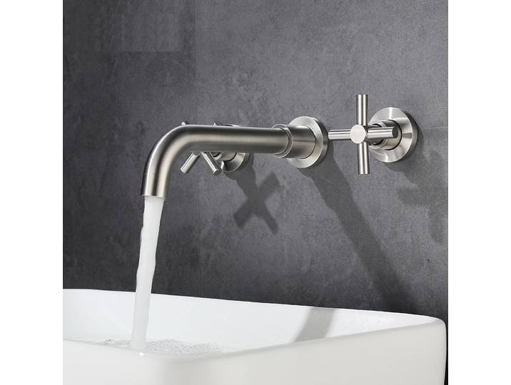 MTTUZK – robinet de lavabo mural en acier inoxydable 304, qualité solide, sans plomb, déformation de 10 ans, Double poignée, trois trous, robinet de lavabo mural