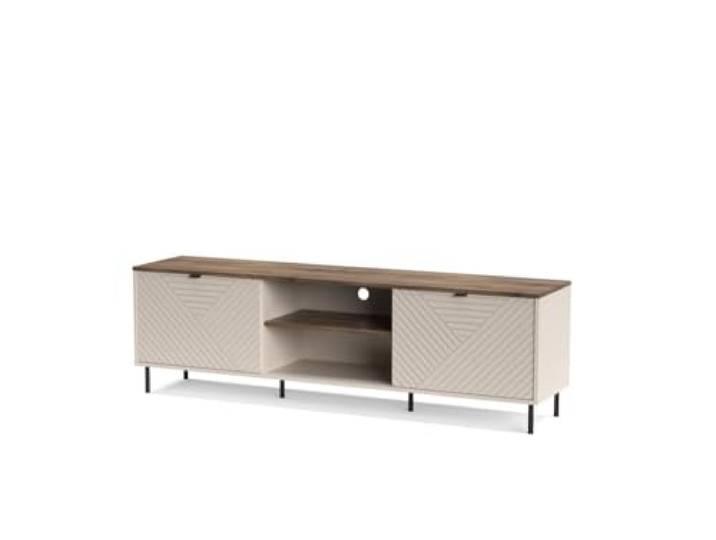 TV-Schrank EVO Lowboard 183 cm Kaschmir/Castello-Eiche Wohnzimmer Modern Stilvolles Fernsehboard mit geometrischen Fronten, 2 Türen, 2 Regalböden & Metallbeinen - modern, funktional, zeitlos