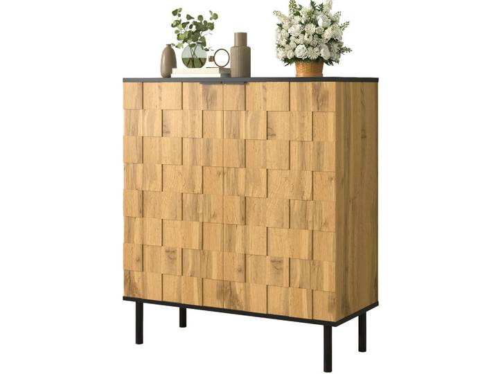 Modfu Schuhschrank aus Spanplatte 80x35x91,5 cm Natur mit höhenverstellbaren Fächern und Mosaik-Türdesign, Naturfarben, 80x91x35 cm, Garderobe, Schuhaufbewahrung, Schuhschränke