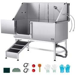 VEVOR Hundewaschstation Edelstahl, 1500x700x1495 mm Tierpflegewanne mit Rampe, PE-Wasserfilterplatte, Wasserhahn, Duschkopf & Seifenhalter, für große, mittelgroße & kleine Haustiere (linke Tür)