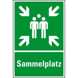 Schild I Rettungs-Kombischild Sammelstelle, Aluminium, 400x600mm, ASR A1.3, DIN EN ISO 7010 E003 und E007