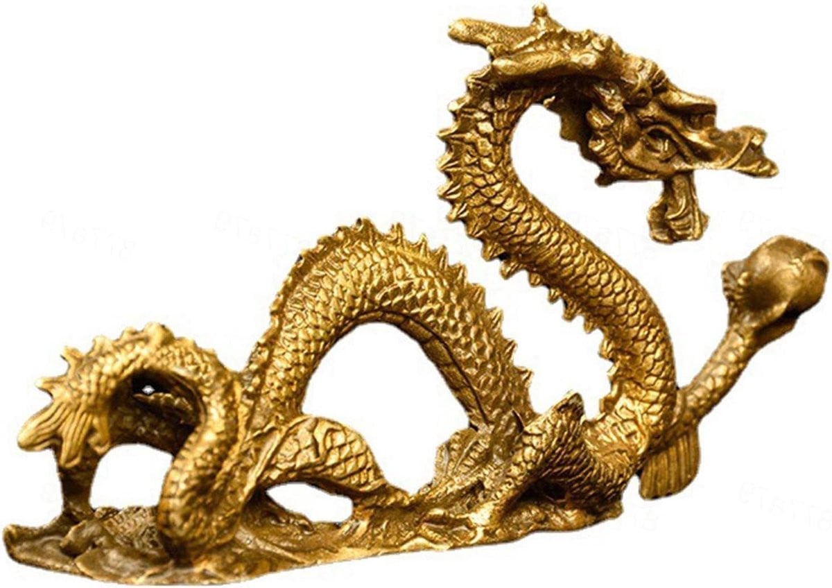 Gouden Draak Beeldje - Messing Sculptuur voor Feng Shui Decoratie - Goudkleurig