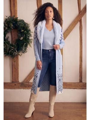 Plus Size Women's Plus Size Fair Isle Faux Fur Shawl Collar Cardigan by Roaman's in Pale Blue Marlow Fair Isle (Size 2X)