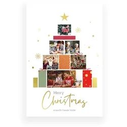 Weihnachtskarte: Geschenkestapel mit Fotos in Weiß