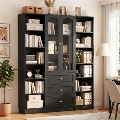 Rackcog "80""H Display Bookcase with Glass Doors & 3 Storage Drawers, Multi-Cubby Open Bookshelf Storage Organizer"