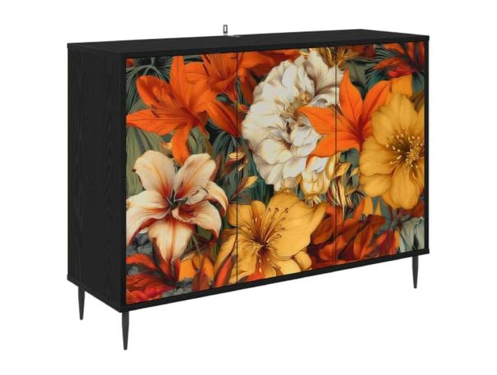 XHNIFBN Sideboard Schwarz Eichen-Optik Kommode Anrichte 102x33x76 cm Elegantes Design mit dekorativem Muster und erhöhten Füßen. Ideal als flache Kommode für Wohnzimmer und Esszimmer.