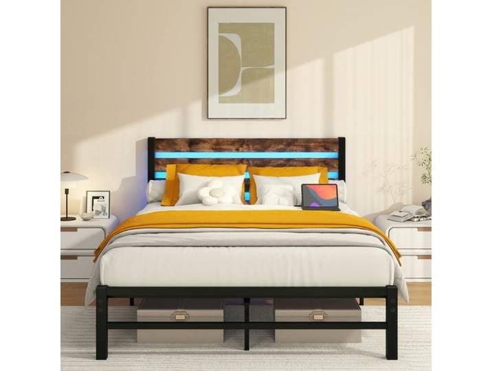 Cadre de lit 140x200cm avec tête de lit cadre de lit en métal avec station de charge USB cadre de lit LED soutien en acier