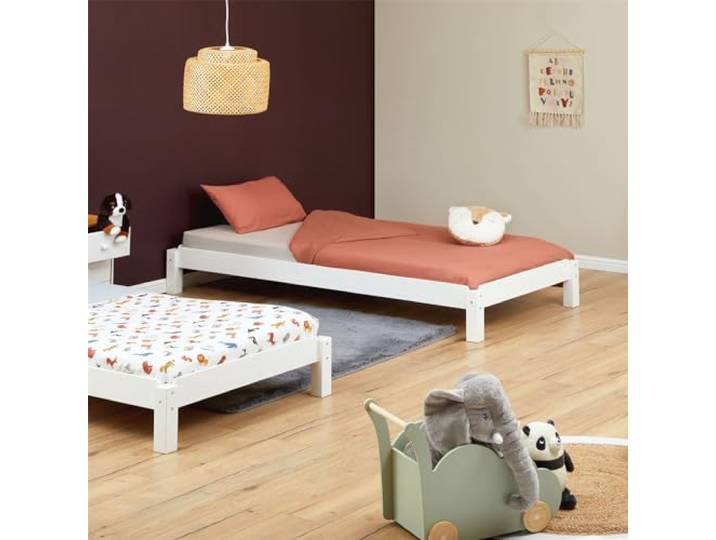 IDIMEX Stapelbett RINO 90x190 cm 2er Set in weiß aus Kiefer Massivholz, Kinderbett mit Gästebett aus massivem Holz, platzsparendes Stapelliege Massivholzbett