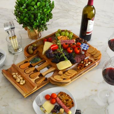 Picnic at Ascot "NCAA Washington State Cougars Premium Acacia Charcuterie Board Set with Cheese Tools - 13"" x 13"""