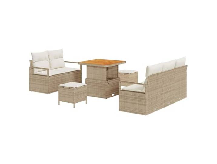KTHLBRH Gartenmöbel-Set, 8-teilig, 7-Sitzer, beige, cremefarben, Polyrattan Versteckte Aufbewahrungsbox, inklusive Kissen, robuster Stahl, Akazienholz, modulares Regal