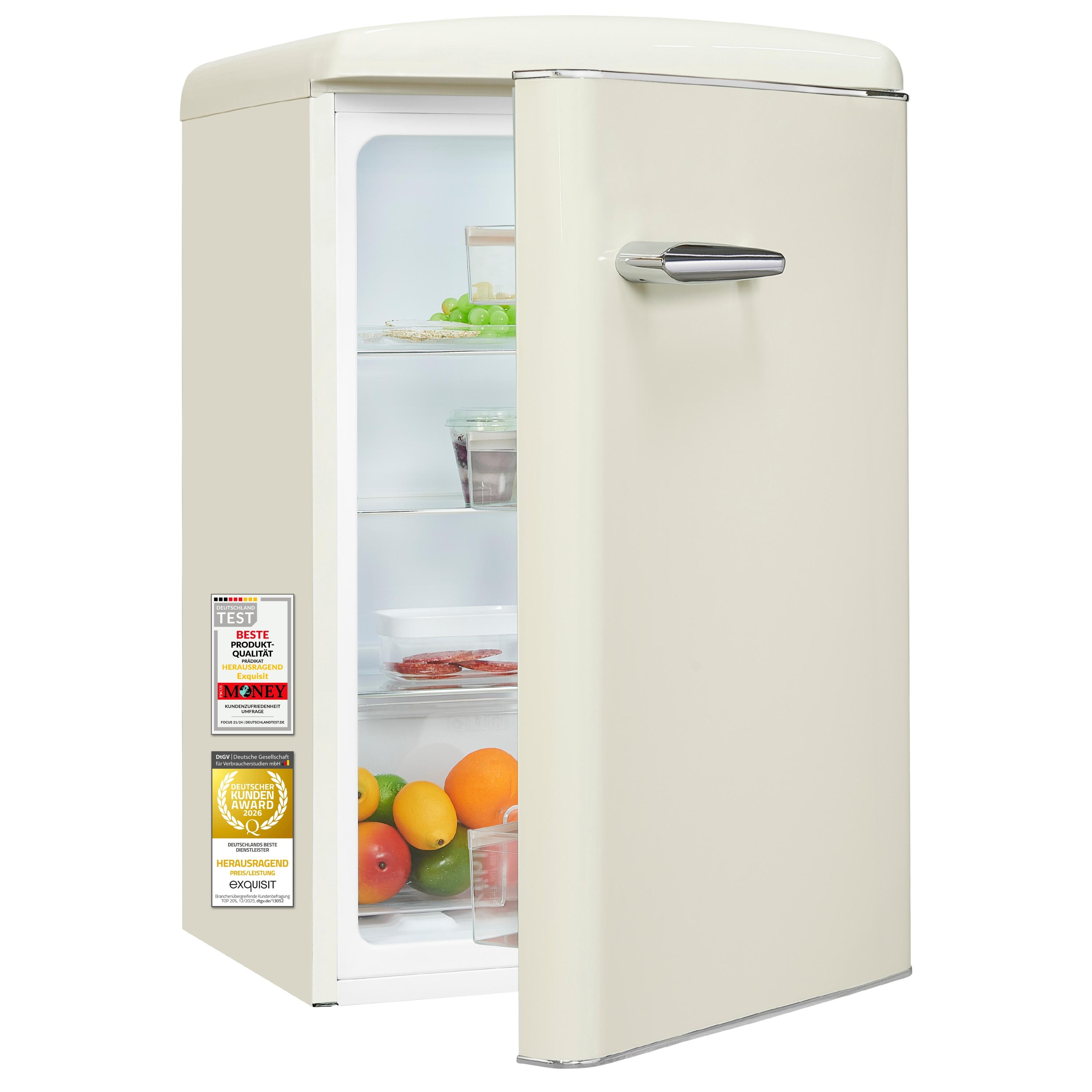 Exquisit Retro Kühlschrank 120 l | Energieklasse C | leise 38 dB | kompakt 89,5 cm hoch | LED-Beleuchtung | RKS120-V-H-160C Magnolienweiss