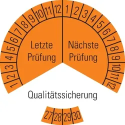 Dreifke® Prüfplakette Qualitätssicherung 27-30,orange,Dokumentenfolie,Ø30mm,18 St/Bogen
