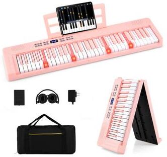 Costway 61-Key Foldable Piano Keyboard Full-size Electronic Keyboard with MIDI and Split Function-Pink