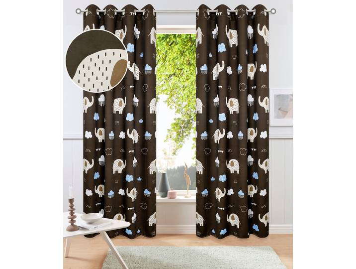 Gardine GOODPRODUCT Maurrice , braun, B:130cm H:175cm, Polyester, Gardinen, Gardine, Blickdicht, Ösen- Aufhängung, Pflegeleicht, Elefanten Design