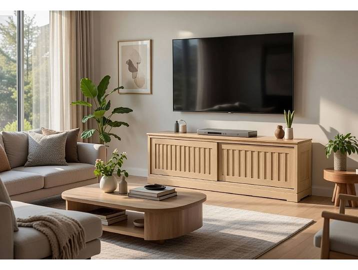 Meuble TV cannelé Pin massif brossé Beige/Marron/Pin clair 166cm
