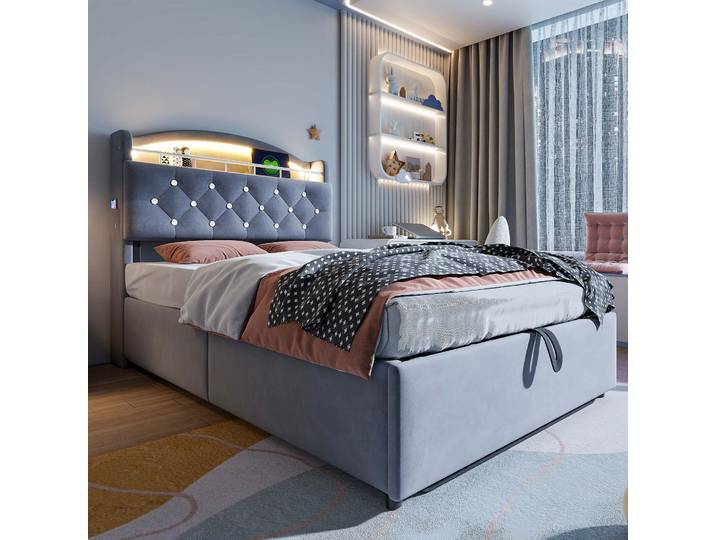 Lit Enfant Rembourré 90x200 Cm En Velours Gris Avec Led\, Ports Usb Et Usb-c\, Coffre De Rangement\, Sommier Métal\, Lit Simple Multifonction