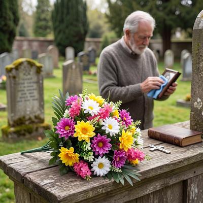 GARVEE Artificial Chrysanthemum Cemetery Flowers with Vase & Ground Spikes–Outdoor Memorial Grave Decor for Headstones