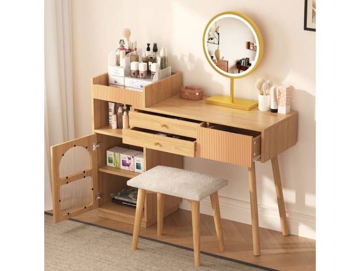 Coiffeuse avec miroir LED et éclairage tricolore coiffeuse en bois pour chambre studio - 120 / H 90 / P 40 cm (sans tabouret)