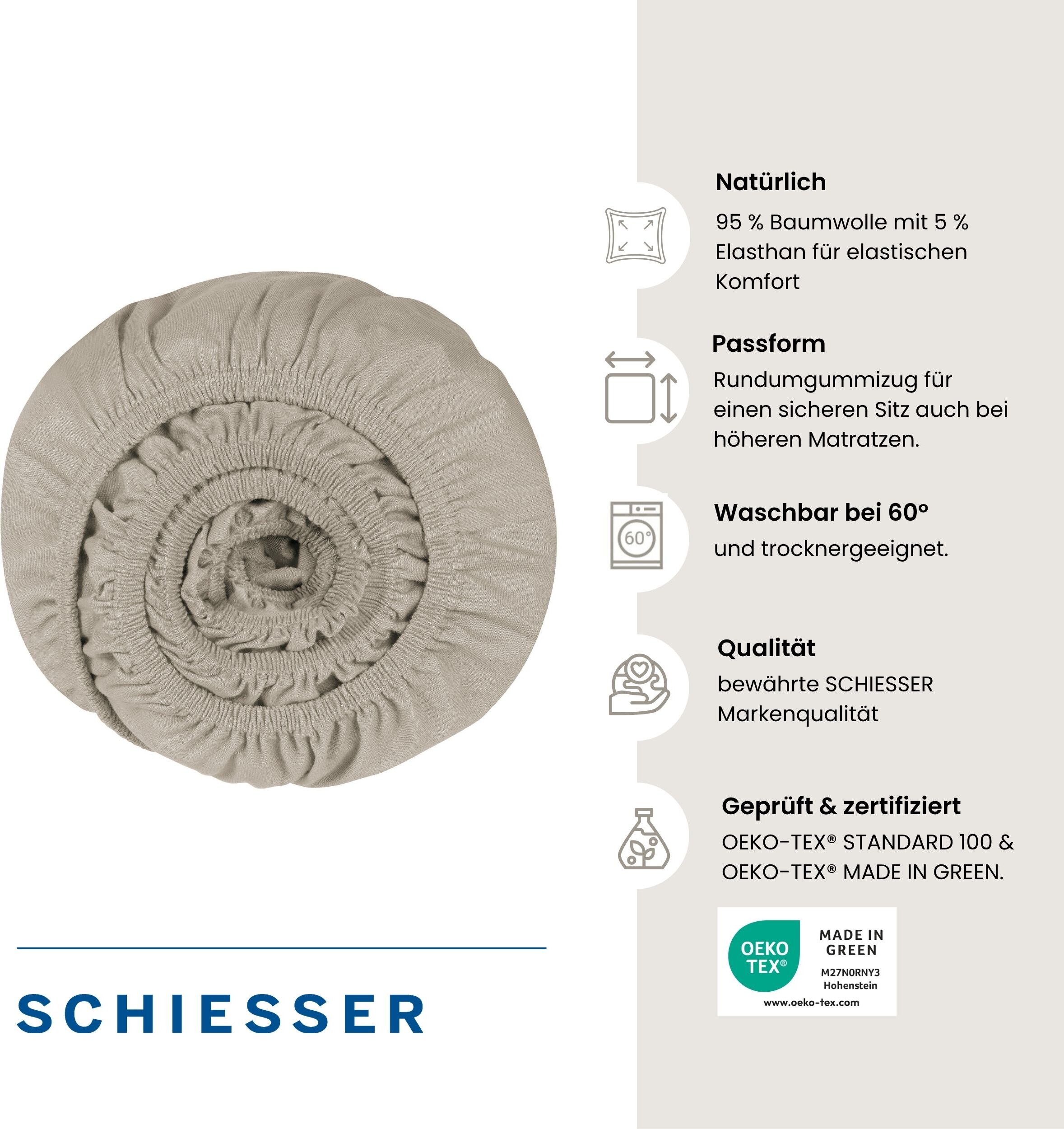 Spannbettlaken SCHIESSER "Flexi für Topper aus 95% Baumwolle und 5% Elasthan für flexiblen Sitz", beige (helltaupe), B:180cm L:200cm, Jersey-Elasthan, Obermaterial: 95% Baumwolle, 5% Elasthan, Bettlaken, Spannbettlaken, für Matratzen bis zu 10 cm Höhe, OE