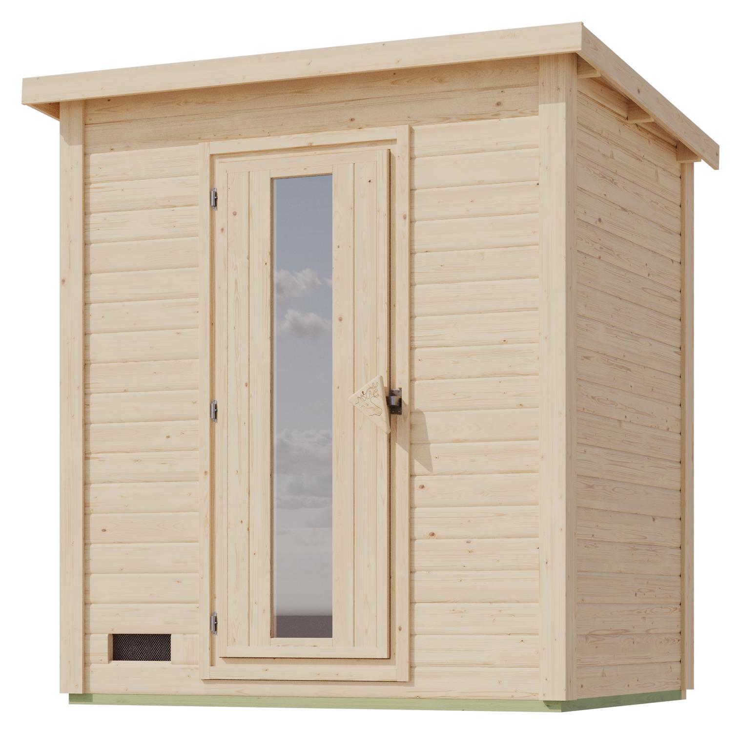 Karibu 38 mm Saunahaus Melo 1 naturbelassen mit Ofen 9 kW integrierte Strg